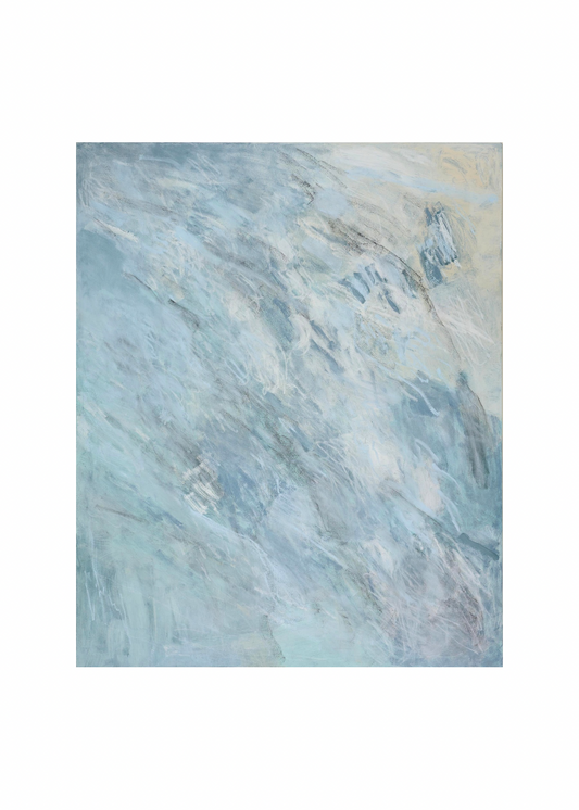 Abstract painting with blue and beige tones on a white background